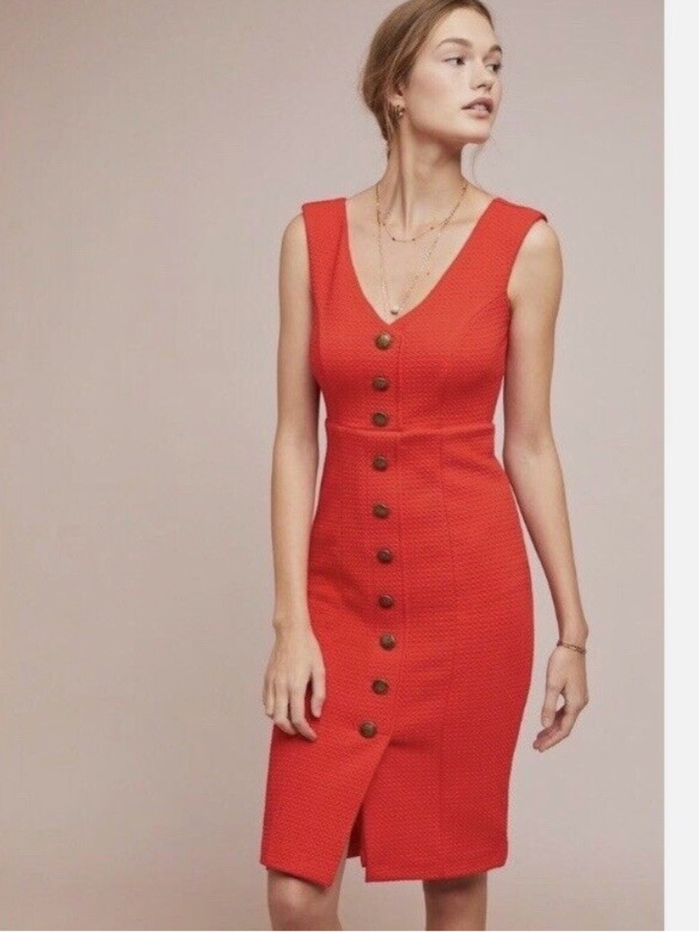 Maeve Red Button-Front V-Neck Midi Dress